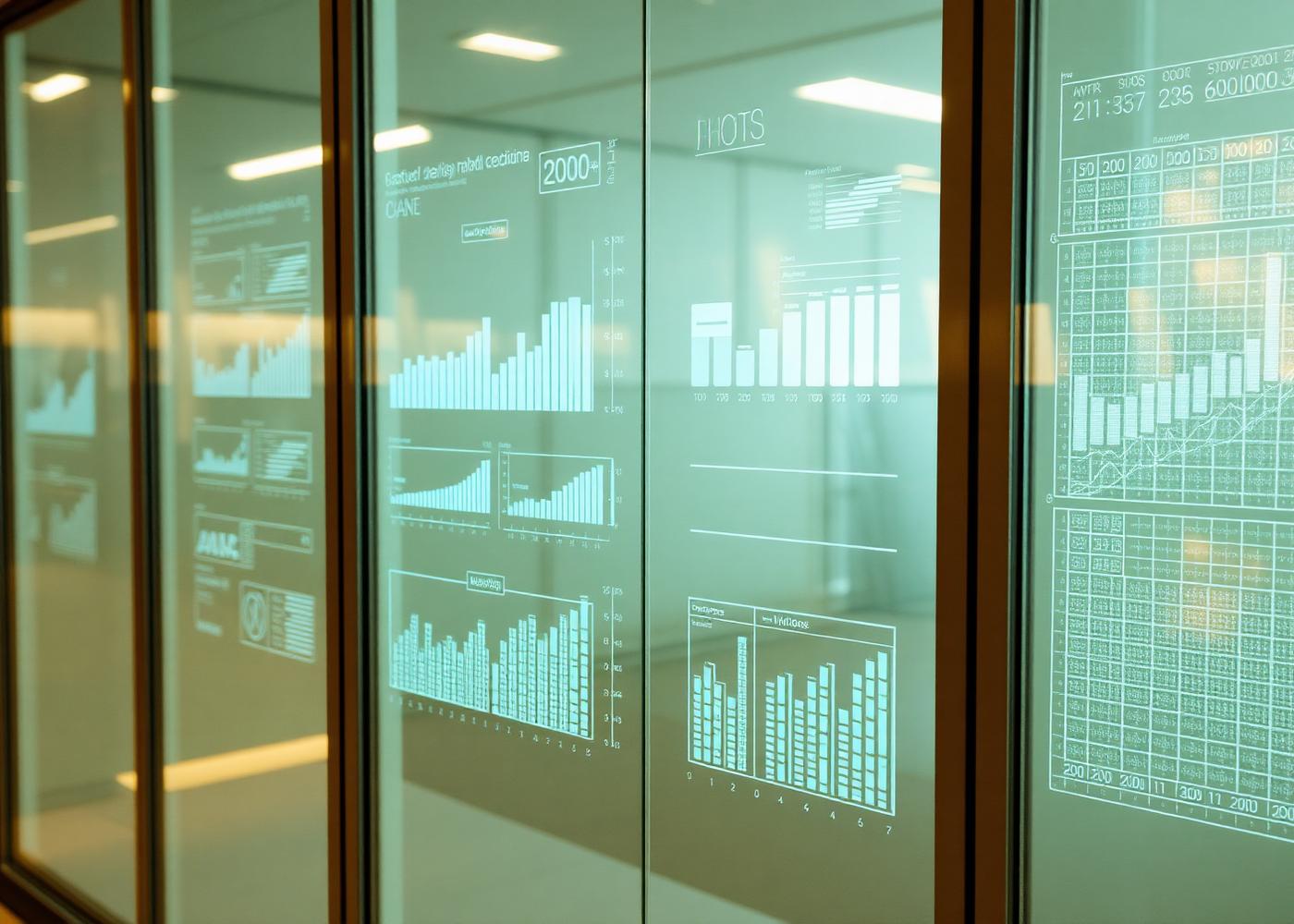 Glass panels overlaid with faint holographic data charts in a modern architectural interior.