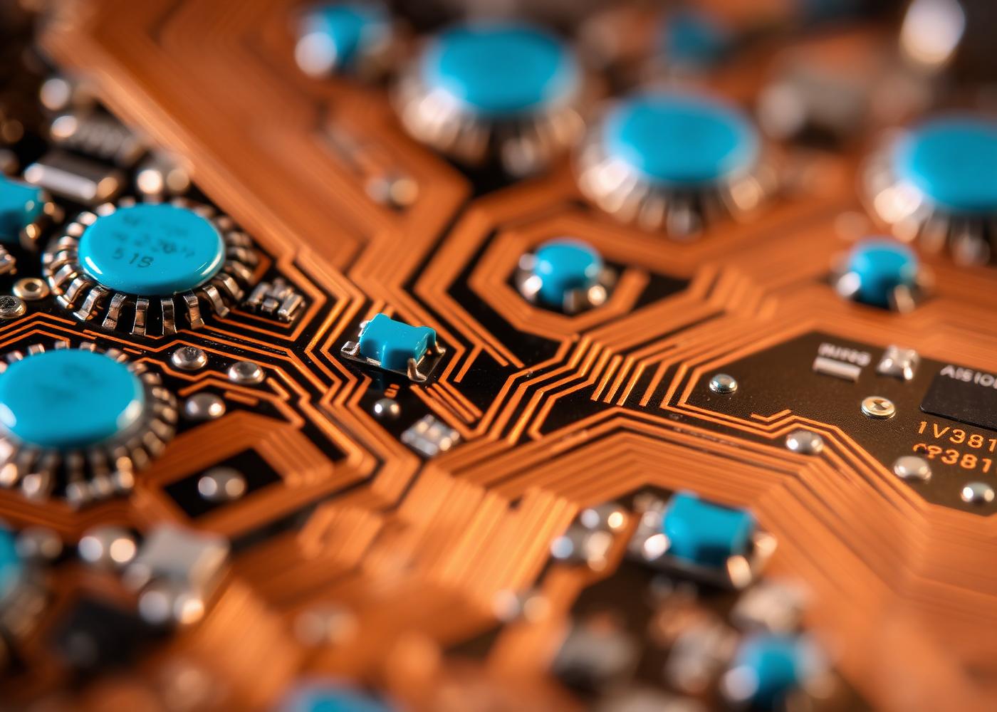 Macro photograph of a copper-trace circuit board with blue-green micro components.