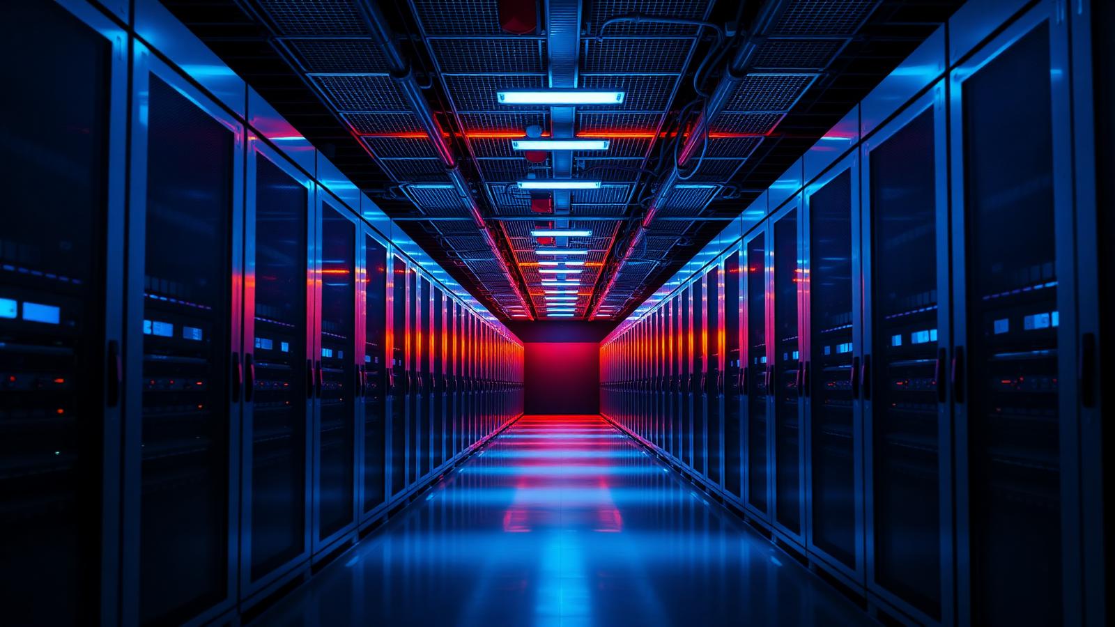 Long corridor of illuminated server racks receding into vanishing point, blue and warm accent lighting.