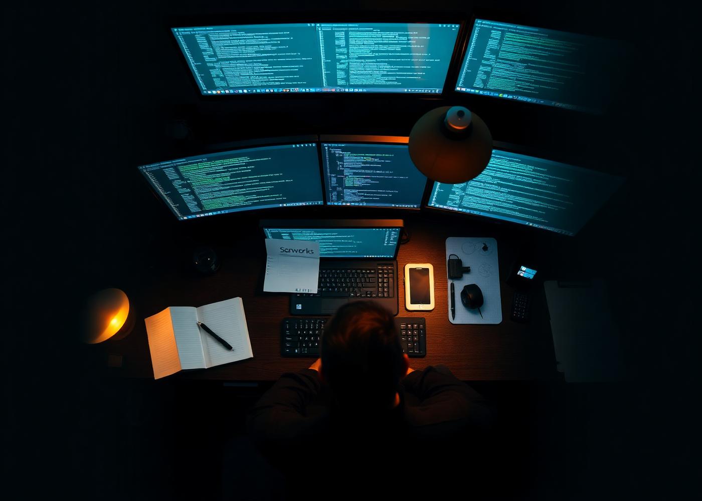 Overhead view of a developer workstation with multiple monitors, notebooks and warm desk lamp lighting.